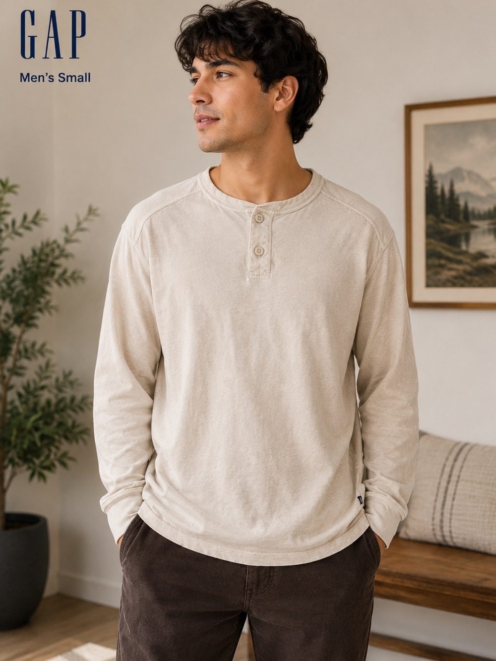 GAP Men's Long-Sleeve Henley Shirt in Light Beige SMALL